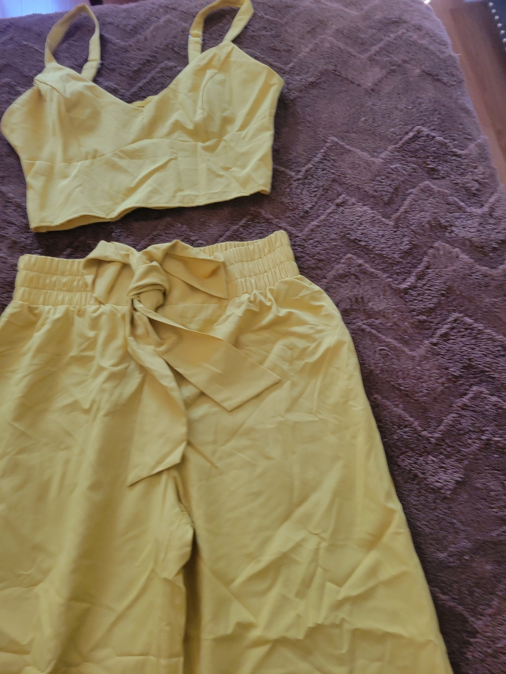 SHEIN Yellow Two-Piece Crop Top & Tie-Waist Shorts Set